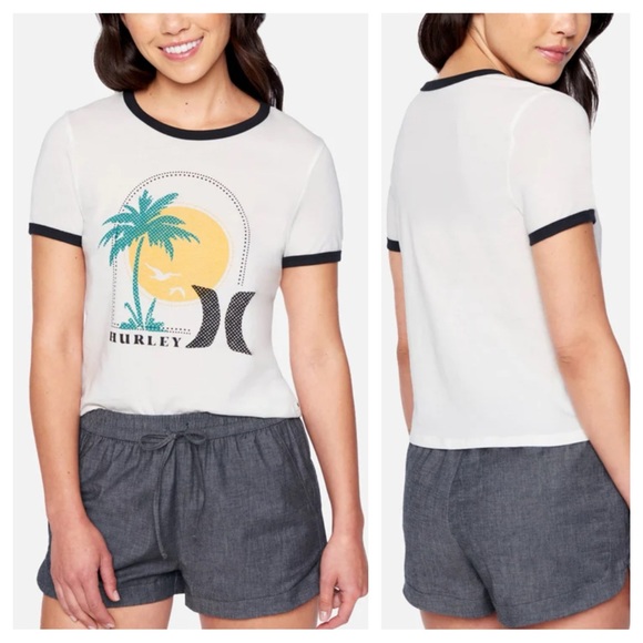 Hurley Tops - NWT Hurley White Retro Tropical Graphic Cropped Ringer Cotton Tee Size Various